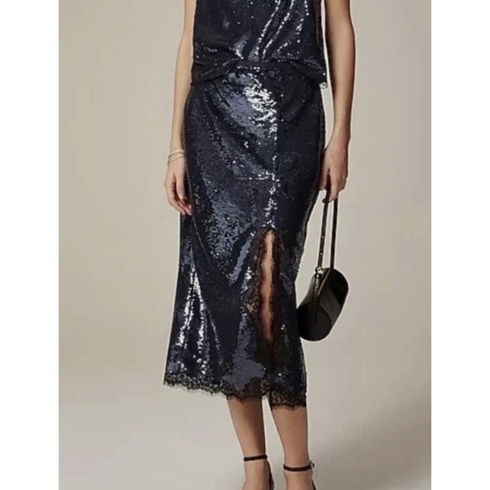 J. Crew Gwyneth Lace Trim Slip Sequined Skirt Women 6 Black Glam NEW Midi